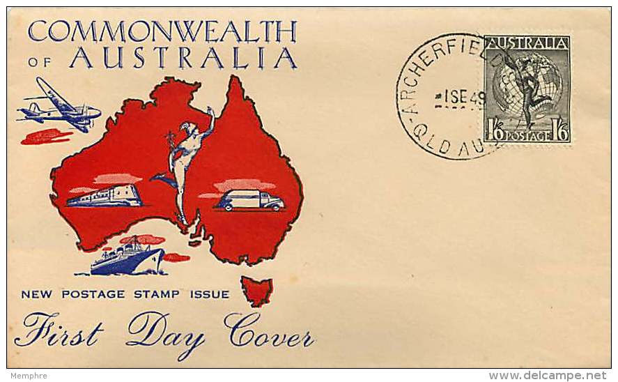 1949  Hermes And Globe  World Wide Generic Cachet Unaddressed  -  Archerfield Qld. Cancel - Sobre Primer Día (FDC)