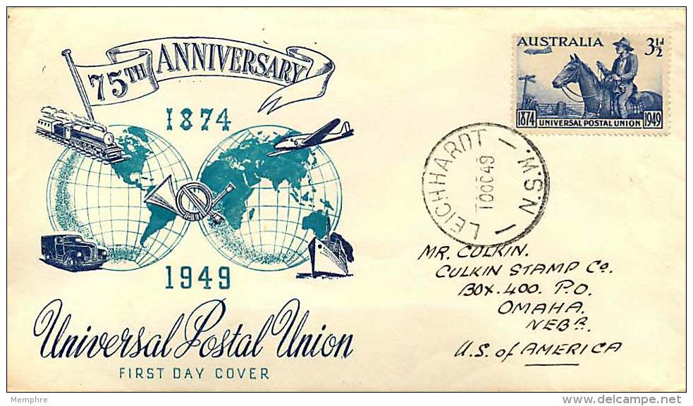 1949  UPU 75th Ann.  World Wide Blue-green Cachet - Leichhardt NSW To USA - FDC