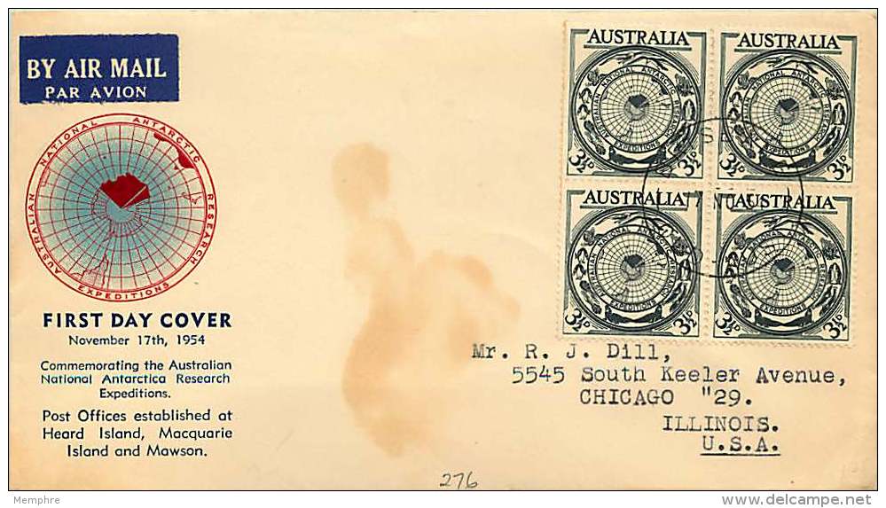 1954  Antarctic Research Block Of 4  Wesley Cachet  - Brisbane Cancel, To USA - FDC