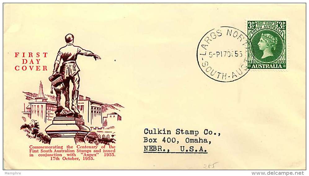 1955   South Australia Stamp Centenary Wesley Dark Red Cachet - Largs North Cancel, To USA - FDC