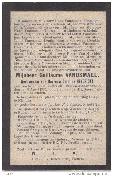 Doodsprentje V. Guillaume VANOSMAEL,Wed. V. Caroline HENDRICKX,Tienen°7-7-1838 /+9-4-1925.(Drukk. L. Delescaille,Tienen - Religion & Esotericism