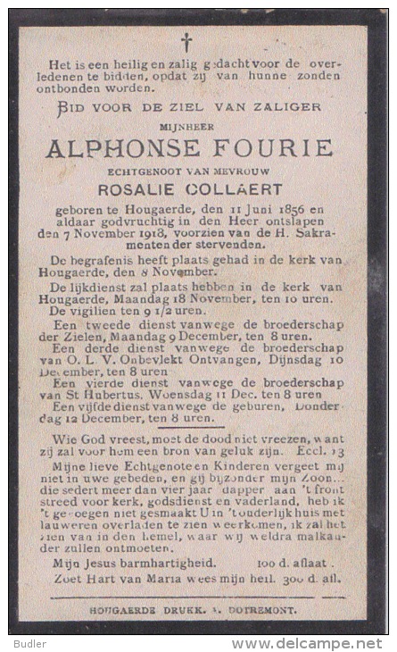 Doodsprentje V. Alphonse FOURIE, Echtg. V. Rosalie COLLAERT,Hougaerde°11-6-1 856 /+7-11-1918.(Drukk. Dotremont, Hougaerd - Religión & Esoterismo