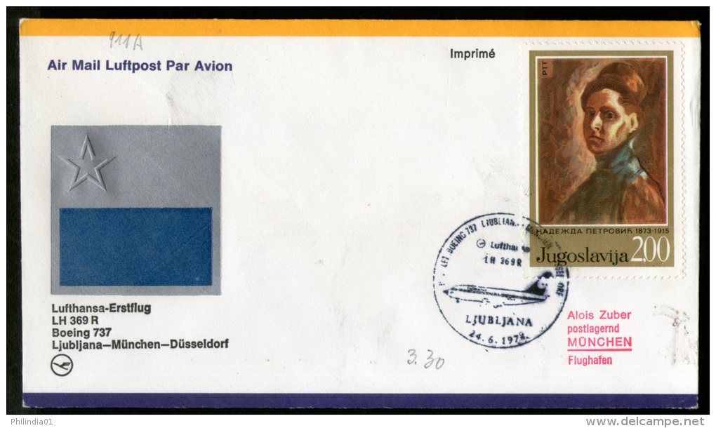 Yugoslavia 1974 Ljubljana - Frankfurt Germany Lufthansa Painting Star Aeroplane First Flight Cover # 6467 - Posta Aerea