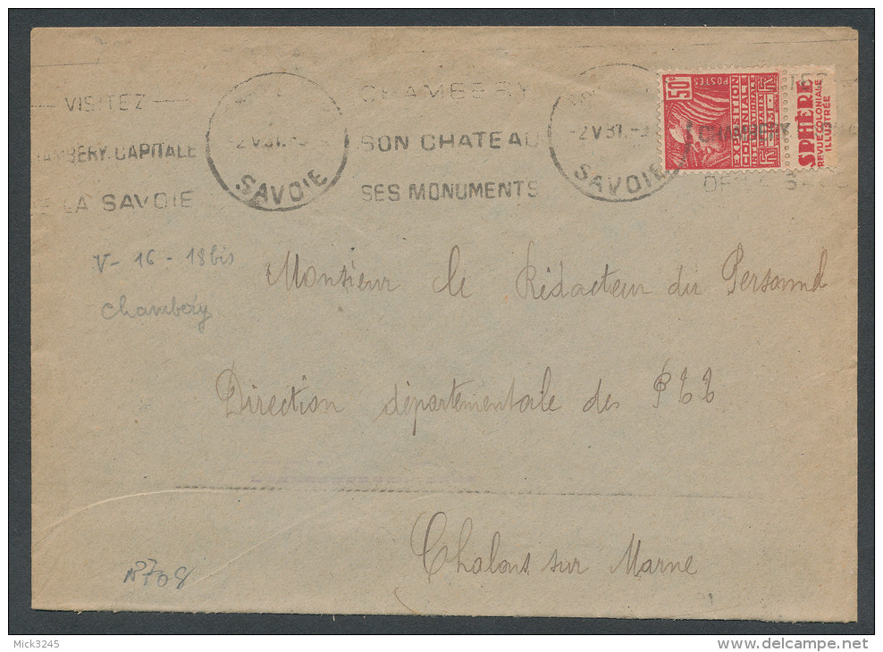 Type Femme Fachi 50c Rouge Avec Pub Sphère Sur Lettre De Chambéry Pour Châlons Sur Marne - Briefe U. Dokumente