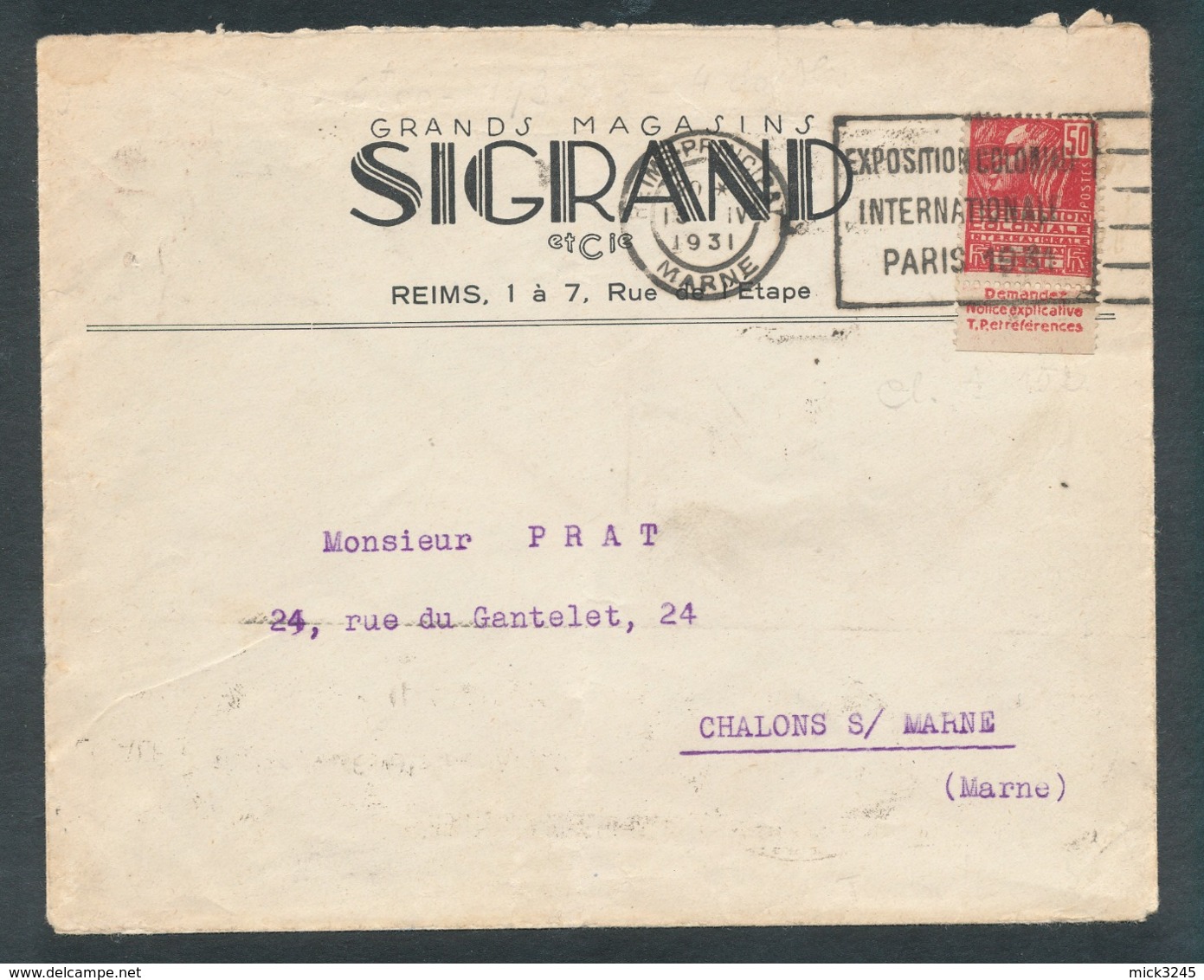 Type Femme Fachi 50c Rouge Avec Pub Documentation Unique Sur Lettre De Reims Pour Châlons Sur Marne - Lettres & Documents