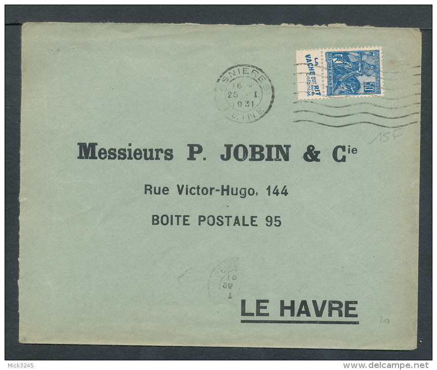 Type Jeanne D'Arc Avec Pub La Vache Qui Rit Sur Lettre D'Asnières Pour Le Havre - Covers & Documents