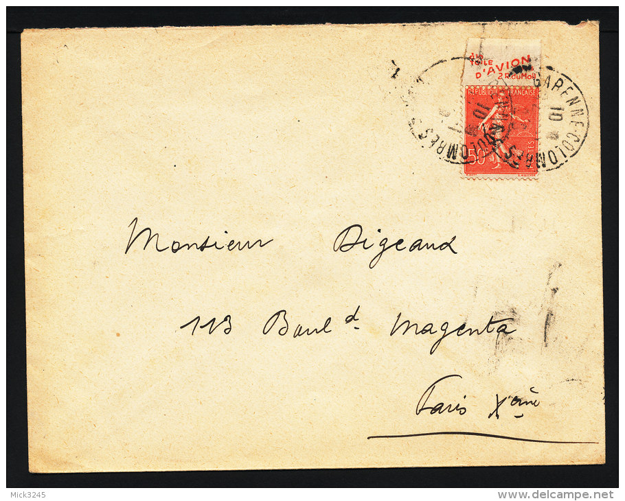 Semeuse 50c Rouge Avec Pub Toile D'Avion Sur Lettre De La Garenne-Colombes Pour Paris - Cartas & Documentos