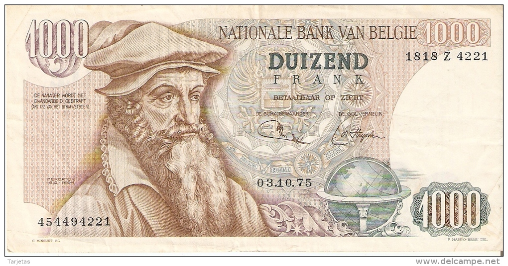 BILLETE DE BELGICA DE 1000 FRANCOS DEL AÑO 1975  (BANKNOTE) - 1000 Francos