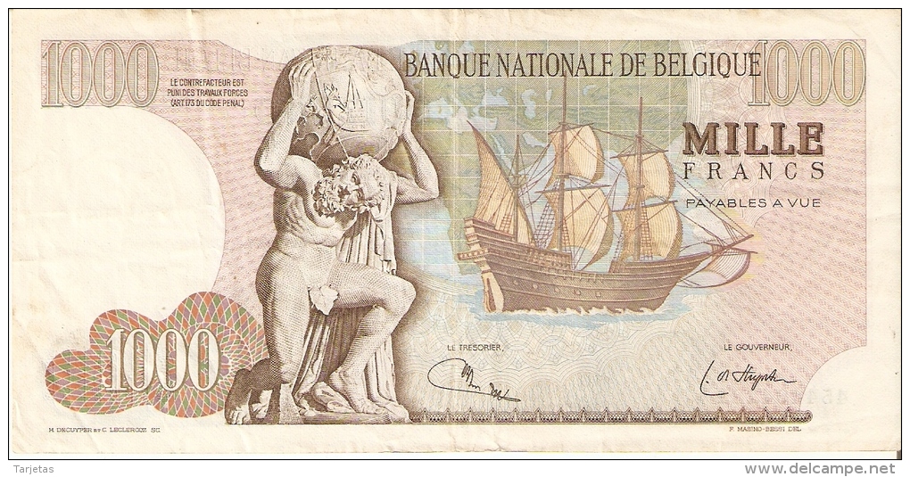 BILLETE DE BELGICA DE 1000 FRANCOS DEL AÑO 1975  (BANKNOTE) - 1000 Francos