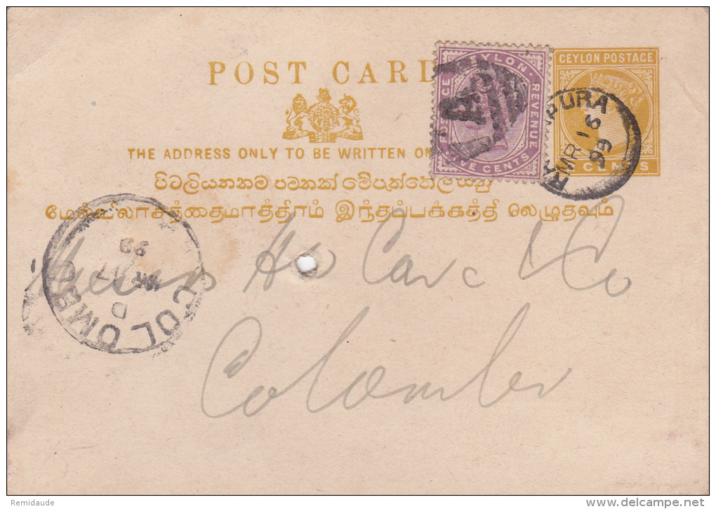 CEYLAN - 1899 - CARTE ENTIER POSTAL De RATNAPURA Pour COLOMBO Avec TIMBRE AJOUTE APRES (?) - Ceylon (...-1947)