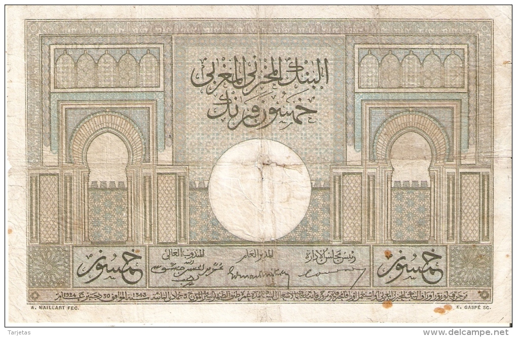 BILLETE DE MARRUECOS DE 50 FRANCS DEL AÑO 1945 (BANKNOTE-BANK NOTE) - Morocco