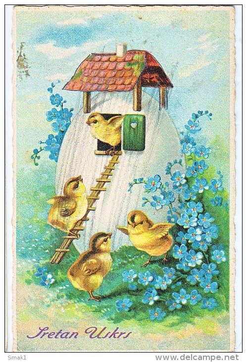 AK OSTERN EASTER  EI,EGG, Ostern-Huhn EI Wie Ein Haus  BLUMEN OLD POSTCARD - Ostern