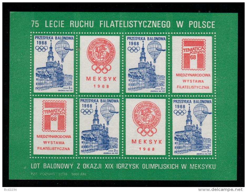 POLAND 1968 BALLOON POST TEMATICA 68 PHILATELIC EXPO S/S NHM CINDERELLA BALLOONS MEXICO OLYMPICS OLYMPIC GAMES TOWN HALL - Ballonnen