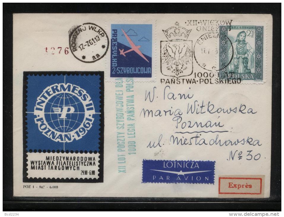 POLAND 1961 12TH GLIDER FLIGHT FOR 1000 YEARS OF POLAND GNIEZNO ROGOZNO WIELKOPOLSKA COVER 1 TOWN CREST GREEN CACHET - Planeurs