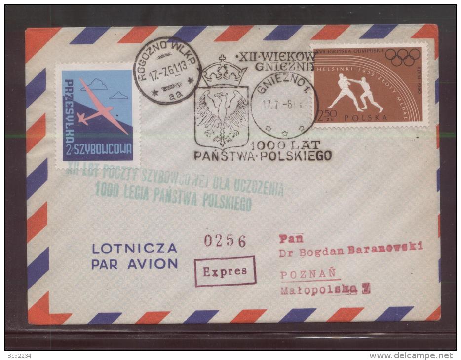 POLAND 1961 12TH GLIDER FLIGHT FOR 1000 YEARS OF POLAND GNIEZNO ROGOZNO WIELKOPOLSKA COVER 3 TOWN CREST GREEN CACHET - Gleitflieger