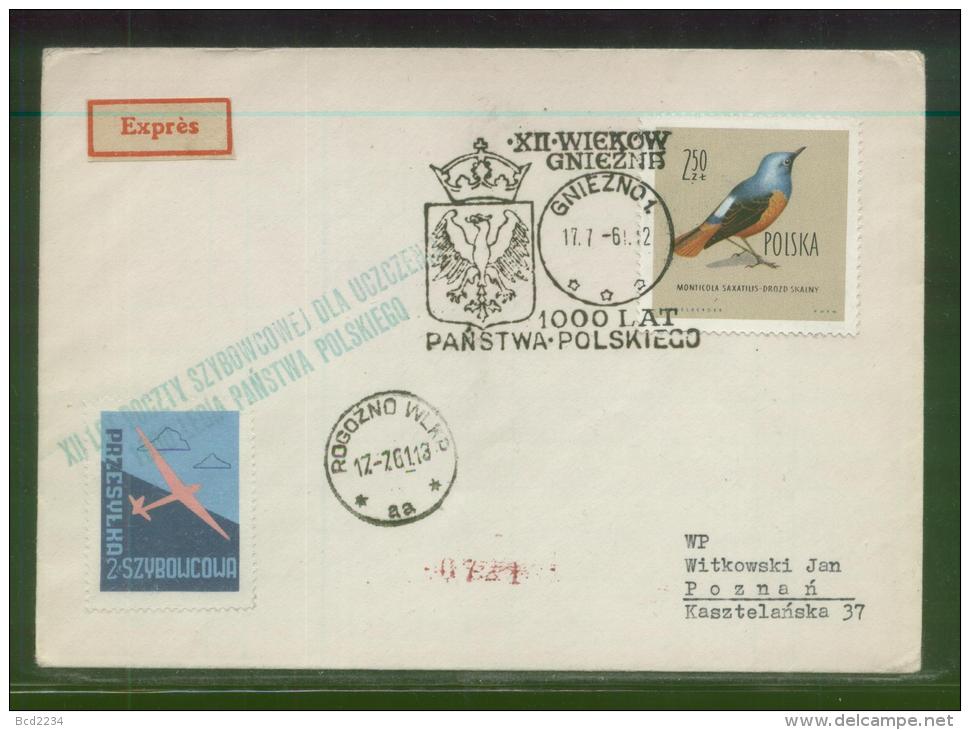 POLAND 1961 12TH GLIDER FLIGHT FOR 1000 YEARS OF POLAND GNIEZNO ROGOZNO WIELKOPOLSKA COVER 6 TOWN CREST GREEN CACHET - Gleitflieger