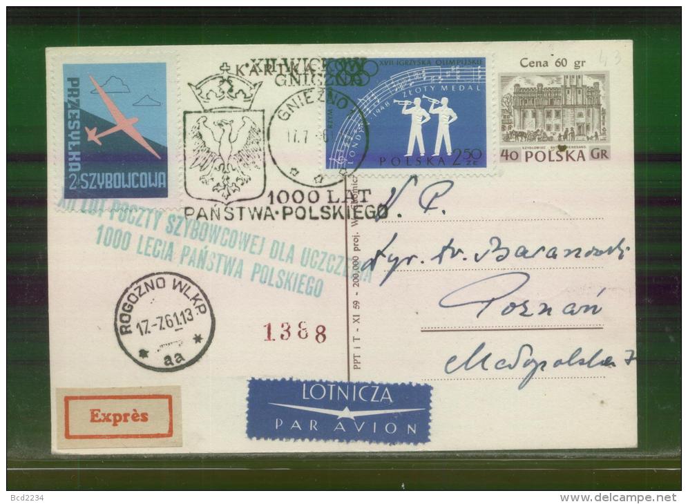 POLAND 1961 12TH GLIDER FLIGHT FOR 1000 YEARS OF POLAND GNIEZNO ROGOZNO WIELKOPOLSKA PC 4 TOWN CREST GREEN CACHET - Zweefvliegers