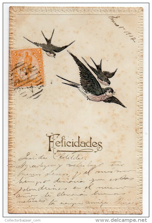 Bird Swallows Neuen Jahre New Year Celebration  Carte Postale Original Postcard Cpa Ak (W3_2859) - Año Nuevo