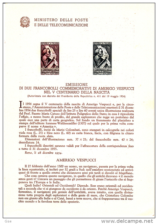ITALIA 1954 - Bollettino Illustrativo  Ufficiale  P.TT. -  Americo Vespucci - Scoperta America - Paquetes De Presentación