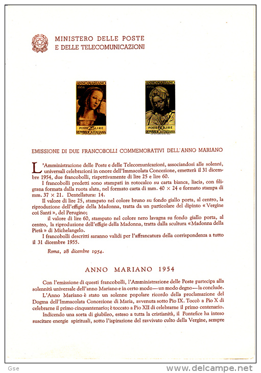 ITALIA  1954 - Bollettino Illustrativo  Ufficiale  P.TT. -  Anno Mariano (italiano E Francese) - Pittura - Paquetes De Presentación