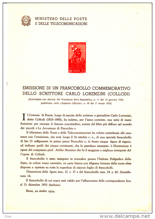 ITALIA  1954 - Bollettino Illustrativo  Ufficiale  P.TT.  Pinocchio - Letteratura - Paquetes De Presentación