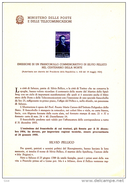 ITALIA 1954 - Bollettino Illustrativo  P.TT.  - Silvio Pellico -  (italiano E Francese) Risorgimento - Paquetes De Presentación