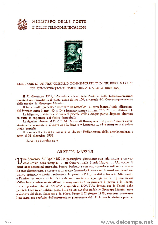 ITALIA 1955 - Bollettino Ufficiale P.TT. (italiano-francese ) -  Giuseppe Mazzini - Risorgimento - Pochettes