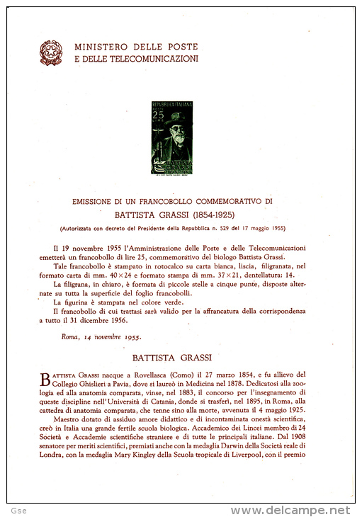 ITALIA  1955 - Bollettino Illustrativo  P.TT. (italiano-francese ) - B.Grassi  - Biologia - Pochettes