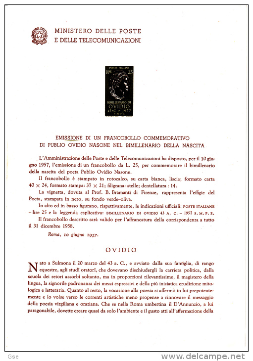 ITALIA  1957 - Bollettino Ufficiale P.TT  (italiano-francese)  - Ovidio - Letteratura Antica Roma - Pochettes