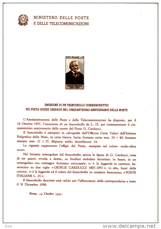 ITALIA 1957 - Bollettino Ufficiale P.TT (italiano-francese)  - Carducci - Letteratura - Presentation Packs