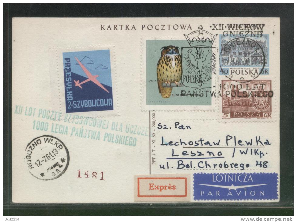 POLAND 1961 12TH GLIDER FLIGHT FOR 1000 YEARS OF POLAND GNIEZNO ROGOZNO WIELKOPOLSKA PC 6 TOWN CREST GREEN CACHET - Gleitflieger