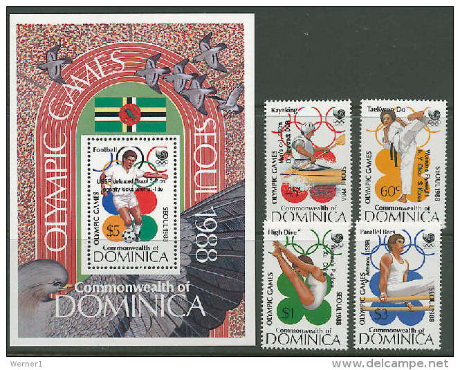 Dominica 1989 Olympic Games Seoul, Football Soccer Etc. Set Of 4 + S/s With Winners Overprint MNH - Zomer 1988: Seoel