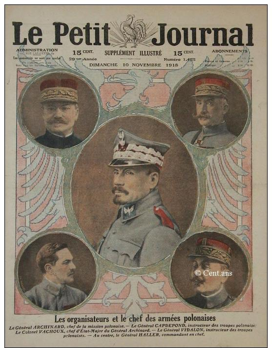 Le Petit Journal 1918 N° 1455 10 Novembre Pologne Archinard Capdepond Vachoux Vidalon Haller - Le Petit Journal