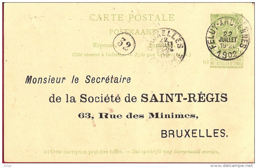 BR-5655       FELUY-ARQUENNES   + ADMINISTRATION COMMUNALE D'ARQUEZNNES-HAINAUT   Antwoordkaart Naar  BRUXELLES - 1893-1907 Armoiries