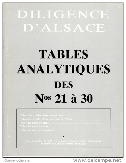 DILIGENCE D´ALSACE TABLES ANALYTIQUES DES N° 21 à 30 - Alsace