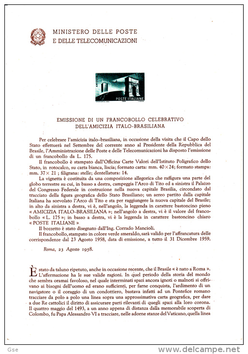 ITALIA  1958 - Bollettino Ufficiale P.TT. -  (italiano-francese) - Italia/Brasile - Archelogia - Architettura - Presentation Packs