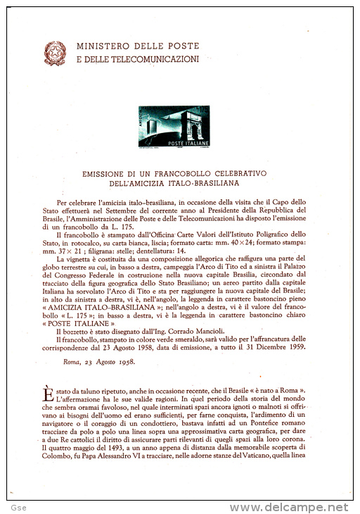 ITALIA  1958 - Bollettino Ufficiale P.TT. -  (italiano-francese) - Italia/Brasile - Archelogia - Architettura - Pochettes