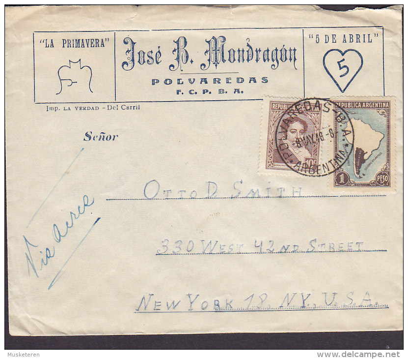 Argentina Airmail JOSE B. MONDRAGON, Deluxe POLVAREDAS 1948 Cover Letra To NEW YORK United States - Poste Aérienne