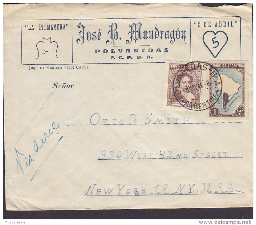 Argentina Airmail JOSE B. MONDRAGON, Deluxe POLVAREDAS 1948 Cover Letra To NEW YORK United States - Airmail