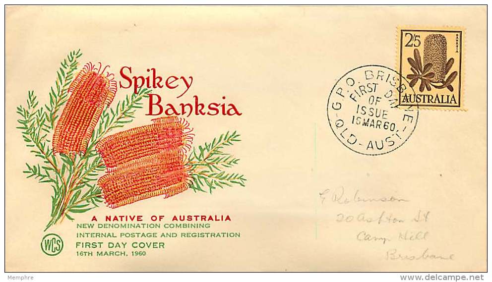1960  Spikey Banksia 2/5 Definnnitive  WCS Cover - Brisbane First Day Cancel - FDC