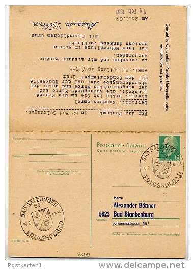 SOLBAD BAD SALZUNGEN 1967 Auf DDR P77 Antwort-Postkarte ZUDRUCK BÖTTNER #6 - Thermalisme