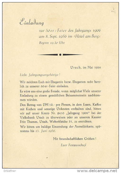 Einladung Zur 50er Feier Des Jahrgangs 1906, Bad Urach 1956 - Sonstige & Ohne Zuordnung