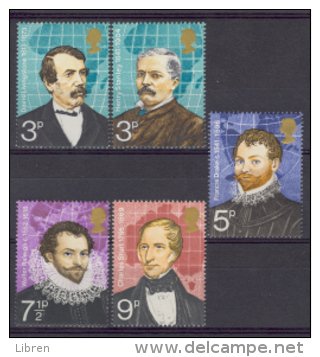 BL2-76 GREAT BRITAIN 1973 SG 923-927 BRITISH EXPLORERS, FRANCIS DRAKE, LIVINGSTONE, STANLEY. MNH, POSTFRIS, NEUF**. - Exploradores