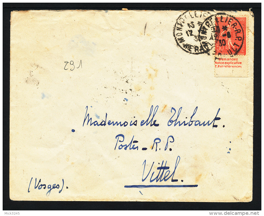 Semeuse 50c Rouge Avec Pub Documentation Unique Sur Lettre De Montpellier Pour Vittel - Storia Postale