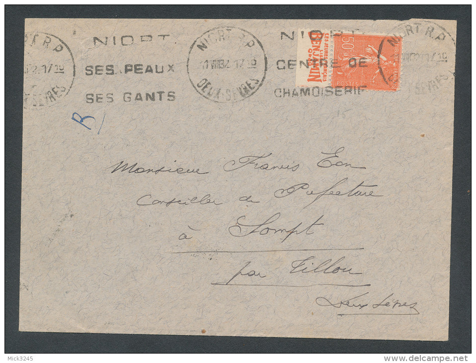 Semeuse 50c Rouge Avec Pub Benjamin Sur Lettre De Niort Pour Sompt Par Tillou (Deux Sèvres) - Covers & Documents