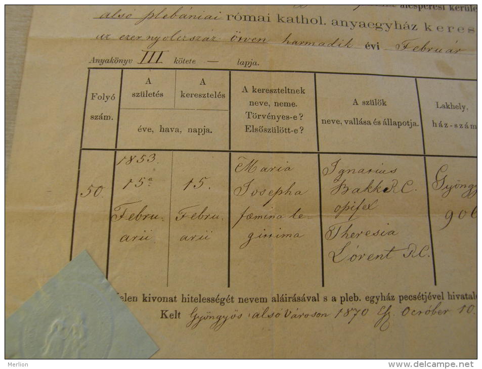 Hungary -  Gyöngyös - Heves - 1870 - Maria Josepha - Ignatius Bakk   - Theresia Lorent TM023.3 - Birth & Baptism