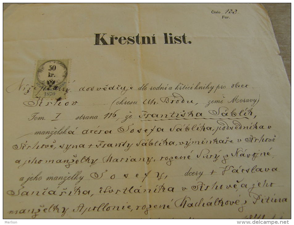 Czech Rep.  1870 - Bojkovice - Brod - Studenik - Frantiska Sablik -  TM023.8 - Naissance & Baptême