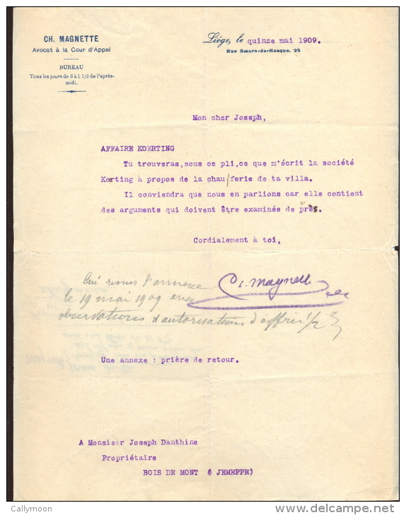 Charles MAGNETTE - Avocat , Homme Politique - Courrier En 1909. - Documents Historiques