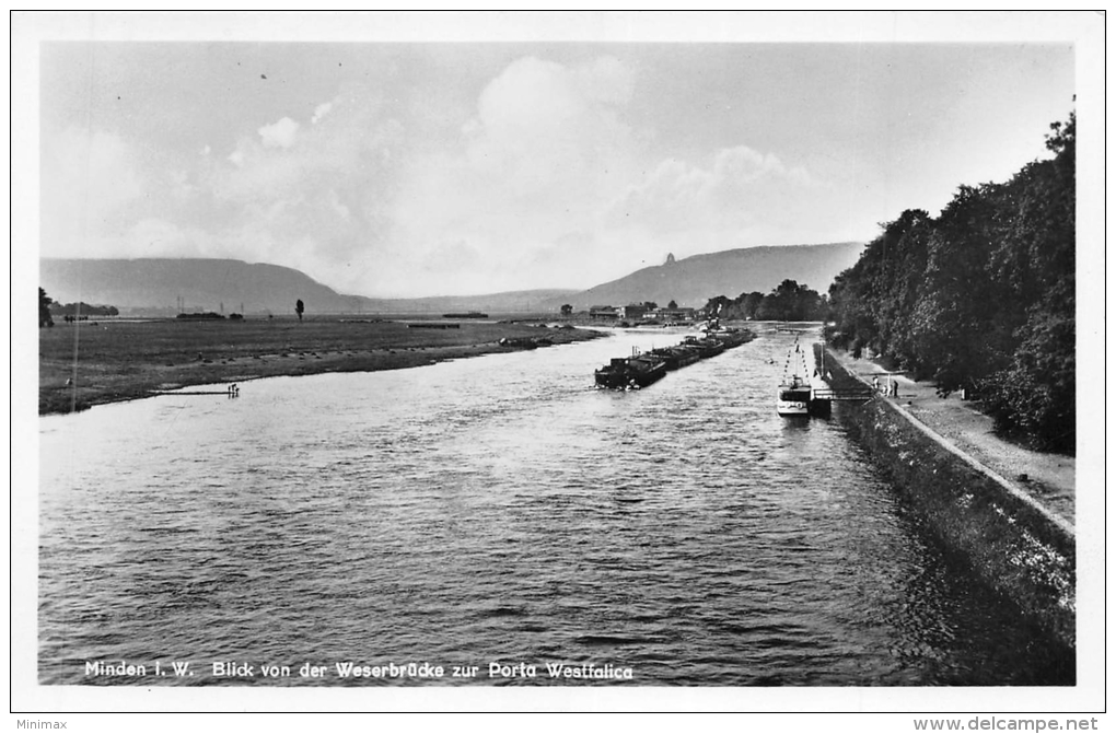 Carte Photo -  Minden I.W. - Blick Von Der Weserbrücke Zur Porta Westfalica, Péniche - Minden