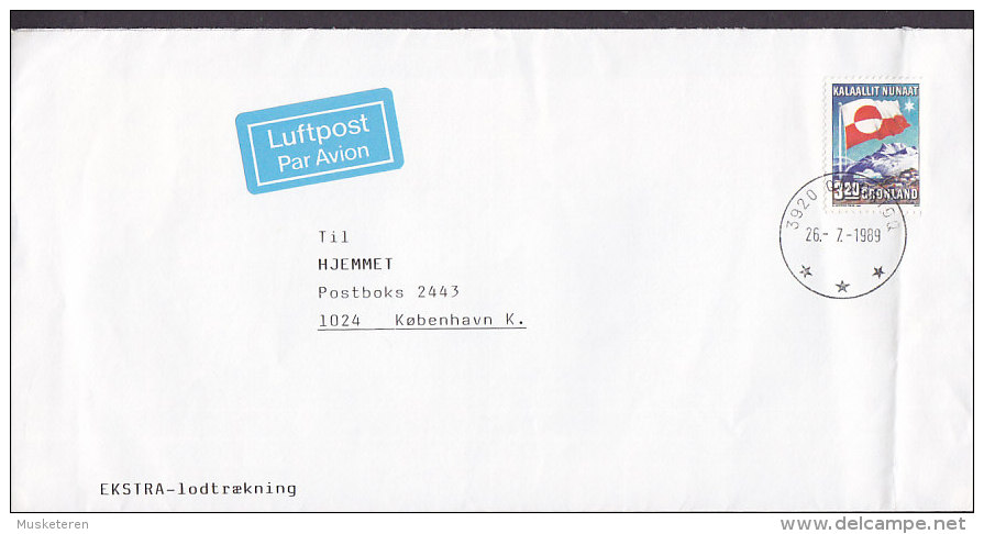 Greenland Luftpost Par Avion Label Deluxe QAQORTOQ 1989 Cover Brief To Denmark Flag Flagge Stamp - Storia Postale